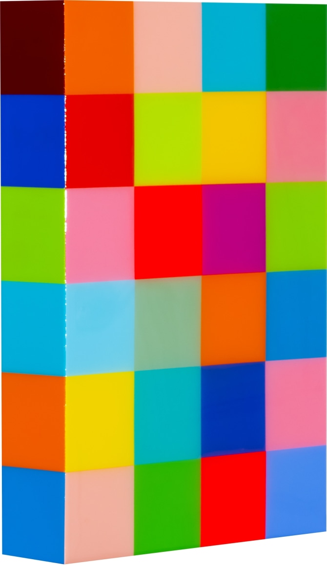 Heidi Spector, Deep In The Heart of Me I, 2019, Liquitex with resin on Birch panel,18 x 12 x 3 inches, Signed, titled and dated on the verso, Vertical panel with bright and colorful cubes set in a glass-like surface, Heidi Spector creates geometric minimalist art inspired by musical rhythms that are composed of repetitive cubes in candy-like colors that vibrate.