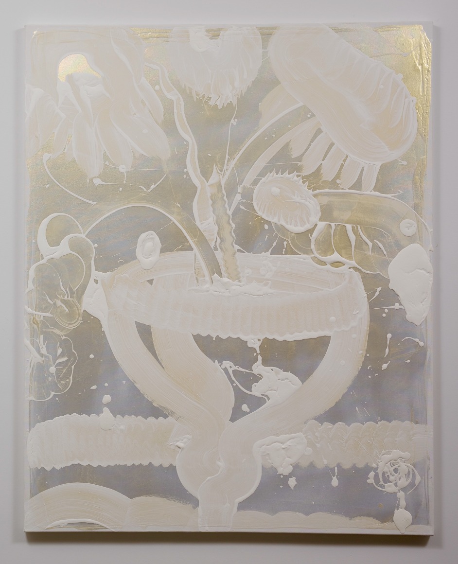 Catherine Howe, Mica Painting (iris), 2016, acrylic and interference silver/gold mica pigments on canvas,  60 x 48 inches. Abstract work with light silver and gold colors and large gestural brush strokes. Catherine Howe has produced sumptuously inviting yet socially-decadent conflations made in the name of painterly reflection. She has painted some variation of expressionist figuration, usually with readily-apparent allusions to art history.