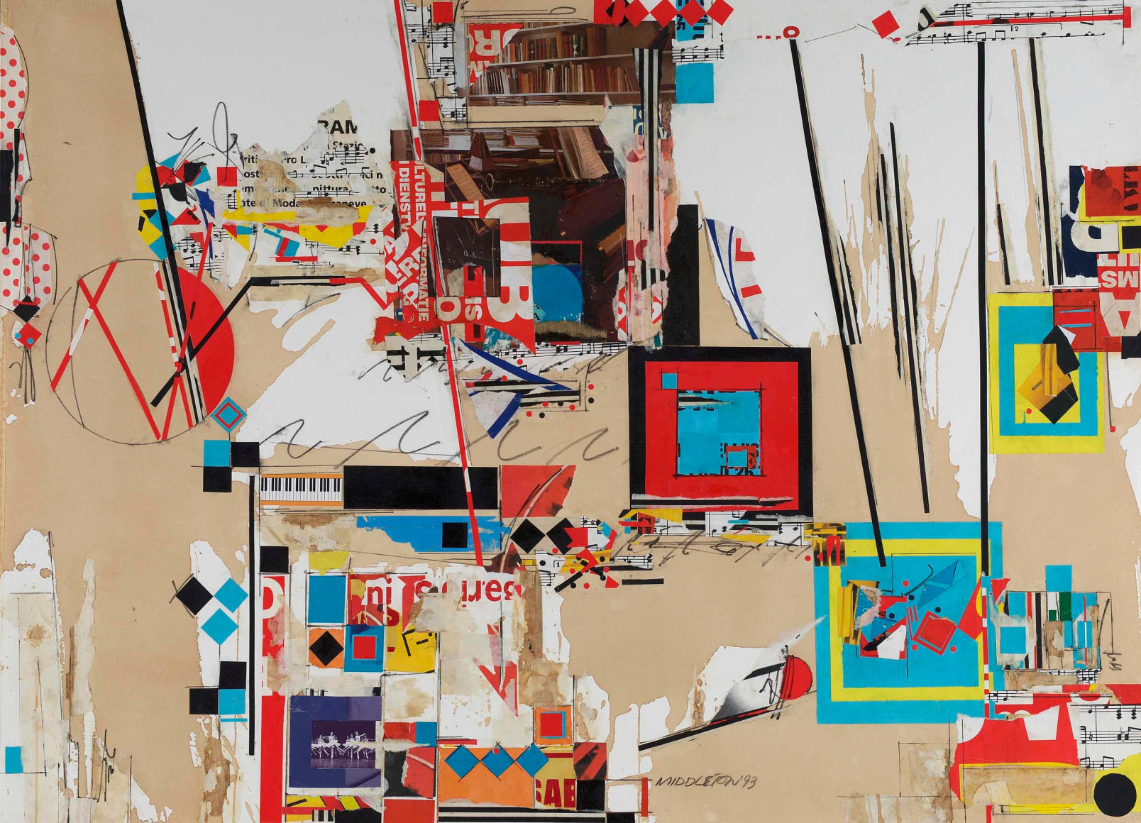 Sam Middleton, Time, 1993  Mixed media and collage on paper  30-1/4 x 41-3/4  Signed and dated lower right. Abstract work with primary colors and geometric shapes including, squares, circles, lines and spheres. Sam Middleton was one of the leading 20th-century American artists, and is a mixed-media collage artist.