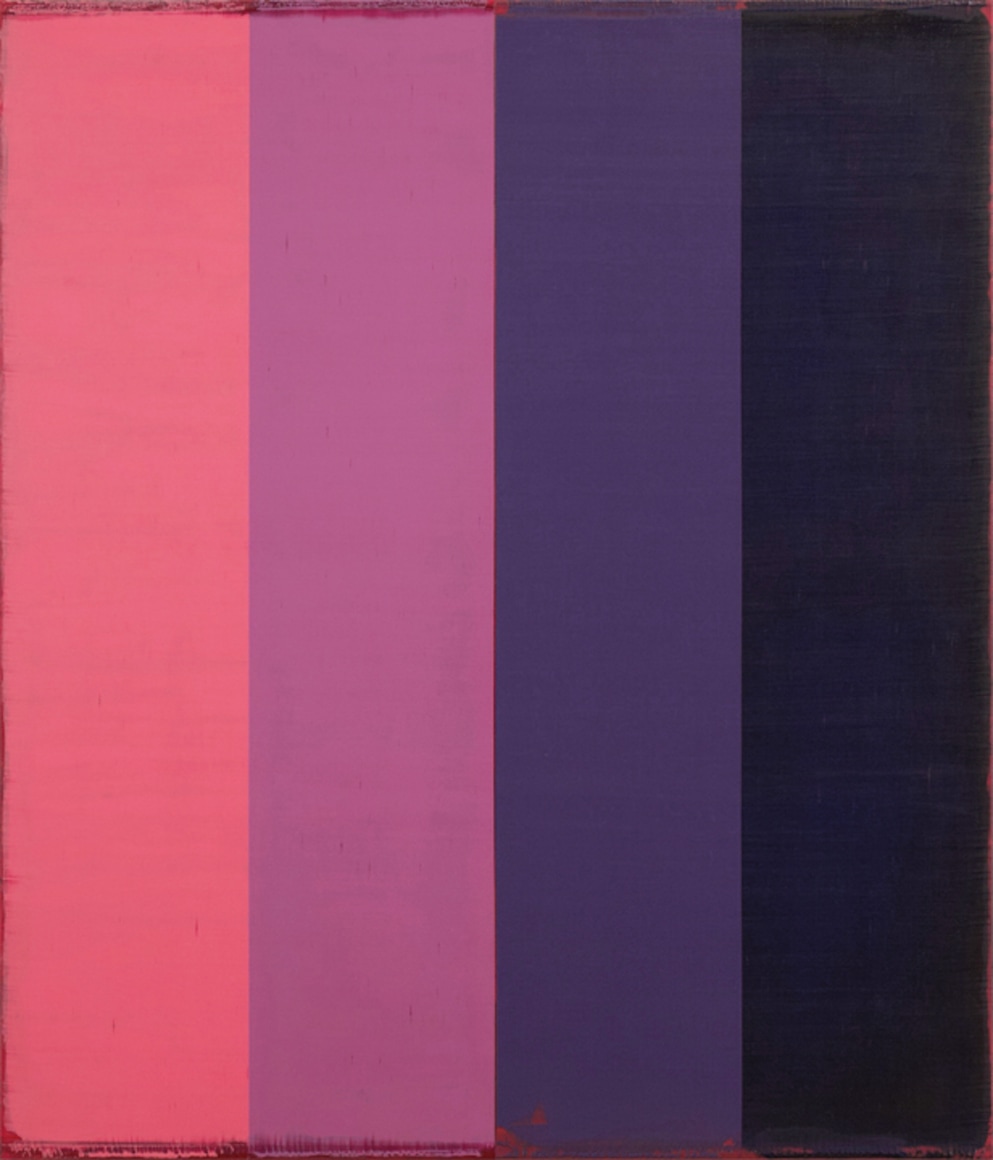 Steven Alexander, Arcade 8, 2018, Oil and acrylic on linen, 42 x 36 inches, Signed and titled on the verso, Vertical rectangles in pink, lilac, purple and navy blue, Steven Alexander is an American artist who makes abstract paintings characterized by luminous color, sensuous surfaces and iconic configurations.