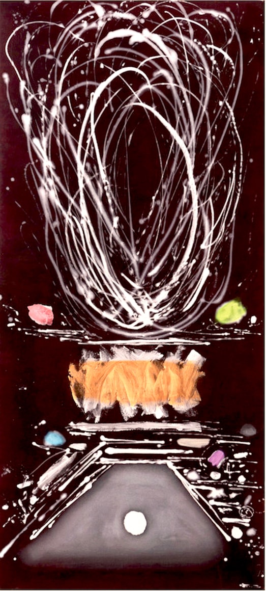 Dan Christensen, Cancun, 2000, Acrylic on canvas, 94 x 43 inches, Signed, titled, and dated on the verso, Abstract and action based work with black, white and dots of color, Dan Christensen pushes the limits of paint and pictorial form creating works that are Post-Painterly Abstraction with methods of action painting and Abstract Expressionism.