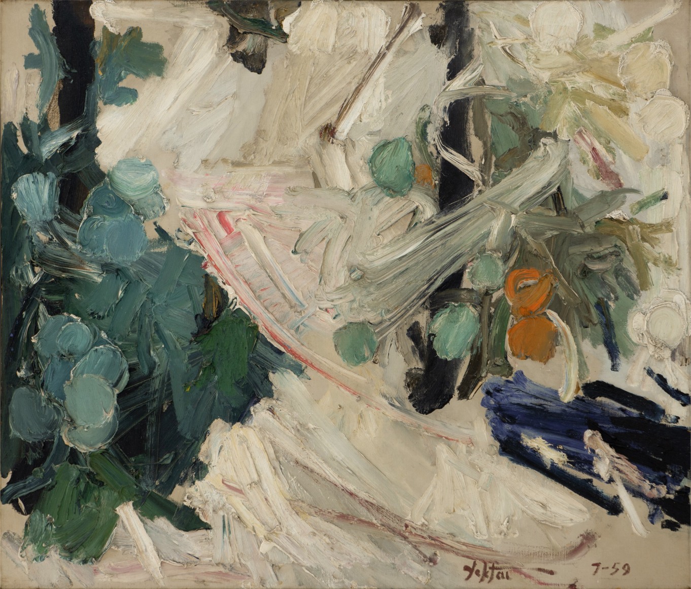 Manoucher Yektai,  Tomato Patch, Midsummer, 1959,  Oil on canvas,  36 x 42 inches. Abstract work with gestural paint marks in off-white, teal and green with small orange spheres. Manoucher Yektai is an Iranian Artist who studied in Iran, France and New York. He is part of the New York Abstract Expressionists and paints instinctively, which is why he has also claimed to be an Action Painter.