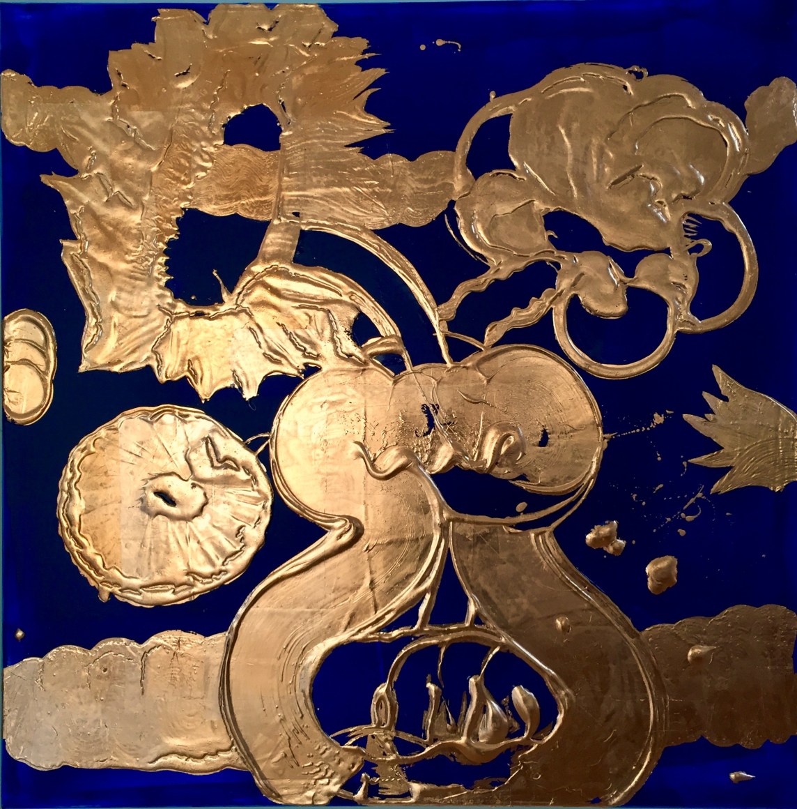 Catherine Howe,  Copper Painting, (Luminous Cobalt) #3,  Acrylic, copper leaf, and pigments on canvas,  40 x 40 inches, Navy blue with copper paint in various shapes and forms, Catherine Howe has produced sumptuously inviting yet socially-decadent conflations made in the name of painterly reflection. She has painted some variation of expressionist figuration, usually with readily-apparent allusions to art history.