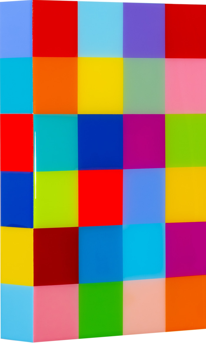 Heidi Spector, Deep In The Heart of Me II, 2019, Liquitex with resin on Birch panel,18 x 12 x 3 inches, Signed, titled and dated on the verso, Vertical panel with bright and colorful cubes set in a glass-like surface, Heidi Spector creates geometric minimalist art inspired by musical rhythms that are composed of repetitive cubes in candy-like colors that vibrate.