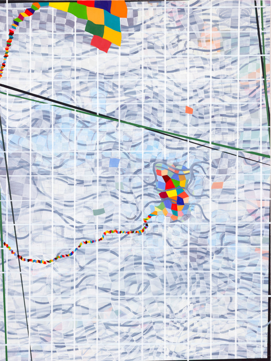 Lisa Corinne Davis, Phantasmal Placement, 2018, Oil on canvas, 48 X 36 inches, Grey background with twisting lines on top of a square grid, Lisa Corinne Davis&rsquo;s paintings show her fluency in adapting abstract forms to express meaning.