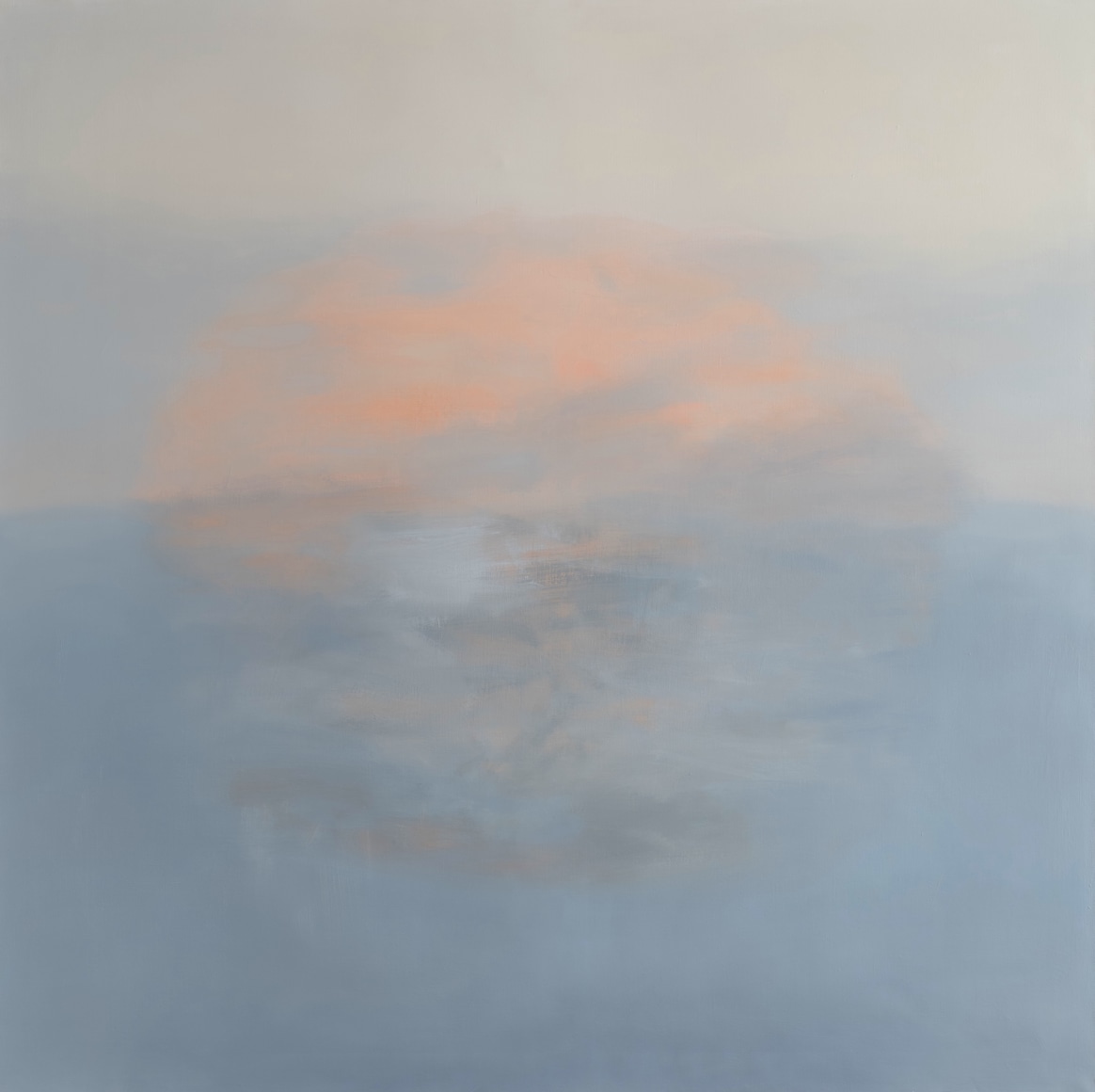 Felrath Hines, Landscape, 1965, Oil on canvas, 60 x 60 inches. Abstract work with organic flat strokes and muted blue and orange tones. Felrath Hines worked to create universal visual idioms from a place of complex personal experience. His figurative and cubist-style artwork morphed into soft-edged organic abstracts as he grappled with hues in his chosen oil medium.