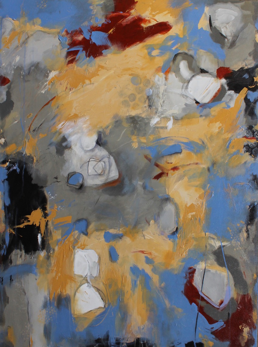 Diane Walker-Gladney, Silly Hour,  Acrylic and graphite on canvas,  48 X 36 inches. Abstract work with grey, yellow, dark maroon and blue colors organically and gesturally painted. This particular work was inspired by a game night with friends. Diane Walker-Gladney celebrates and paints her childhood experiences and insignificant moments that she feels defines her story.