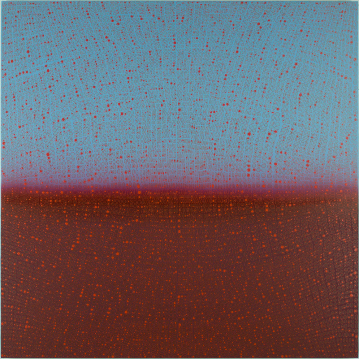 Teo Gonzalez, Arch/Horizon Painting 6, 2016, Acrylic on canvas over board, 48 x 48 inches. Sky blue and dark red background with signature grid on top. Teo Gonzalez was born in Spain, and his signature style are works that consist of thousands of drops of water, arranged into a grid pattern, inside of which a small amount of ink or enamel was dropped and left to dry.