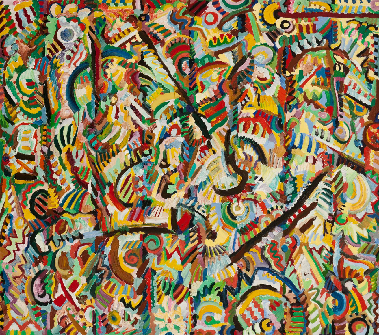 Ed Gilliam, Untitled, 1983, Oil on canvas, 49 x 56 inches, Signed &amp; dated on verso, Vibrant and colorful work with a variety of shapes and patterns, Ed Gilliam creates work that is abstract, strong and energetic.