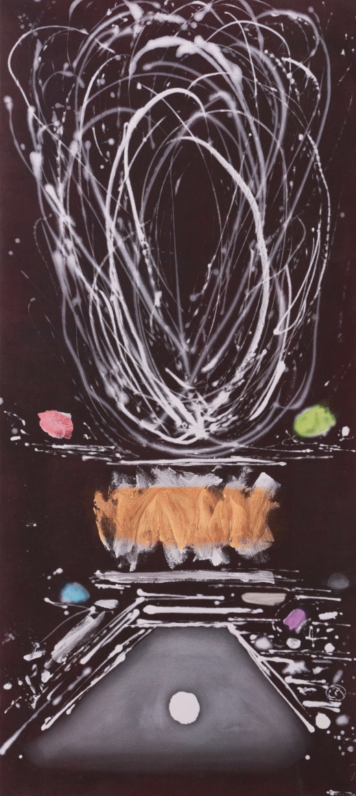 Dan Christensen, Cancun, 2000, Acrylic on canvas, 94 x 43 inches, Signed, titled, and dated on the verso, Abstract and action based work with black, white and dots of color, Dan Christensen pushes the limits of paint and pictorial form creating works that are Post-Painterly Abstraction with methods of action painting and Abstract Expressionism.