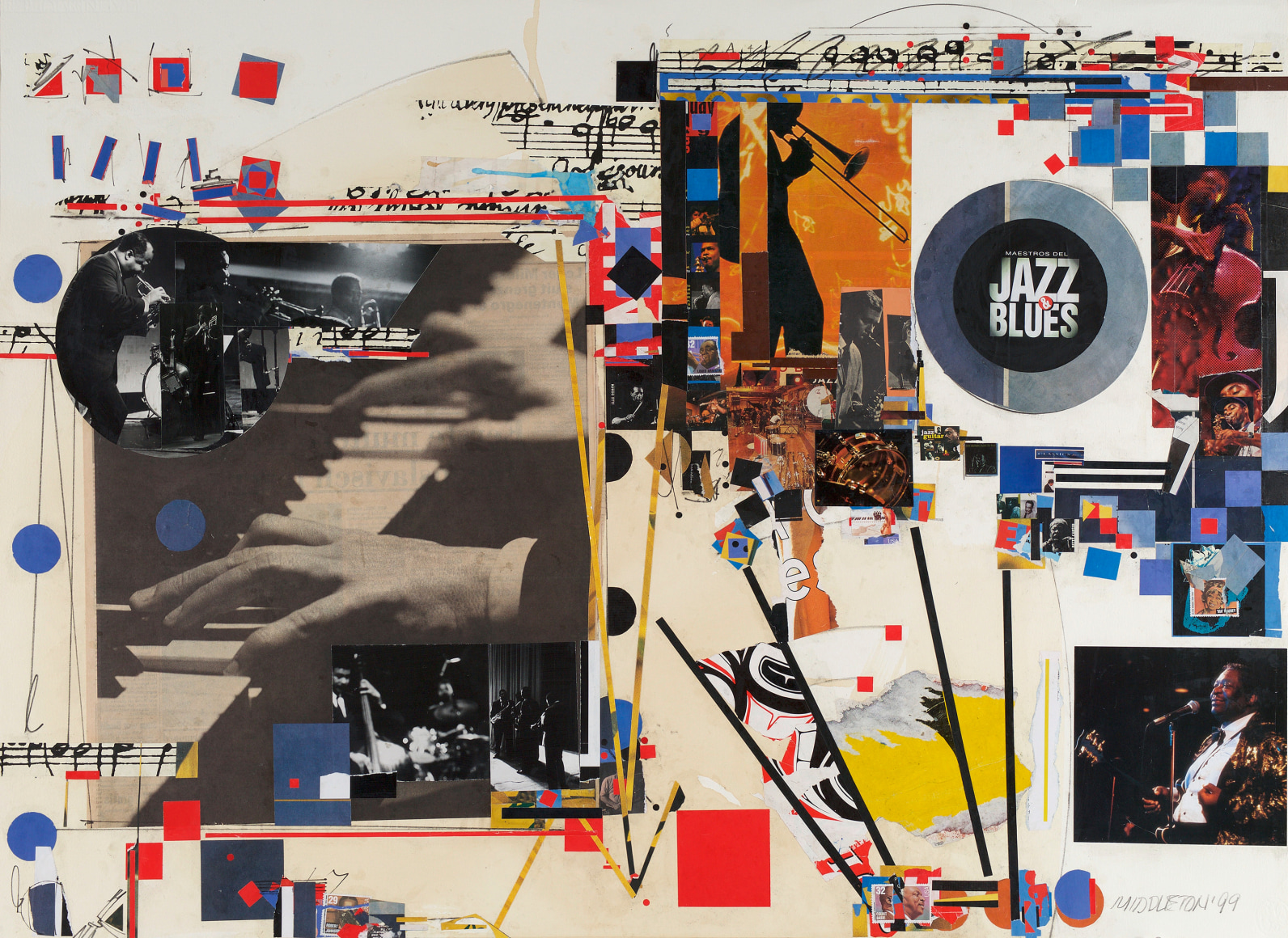 Sam Middleton, Maestros, 1999, Mixed media collage, 30 1/2 x 40 1/2 inches, Signed and dated lower right, MIDDLETON 99. Collage with photographs of jazz singers cut into squares and circles, music notes and geometric shapes in primary colors. Sam Middleton was one of the leading 20th-century American artists, and is a mixed-media collage artist.