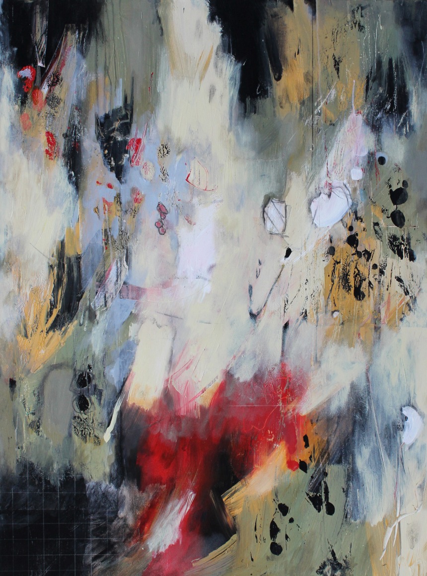 Diane Walker-Gladney, New Tricks for an Old Dog,  Acrylic and Graphite on canvas,  48 X 36 inches. Abstract work with softly painted colors and a faint geometric grid in the left corner. Diane Walker-Gladney celebrates and paints her childhood experiences and insignificant moments that she feels defines her story.