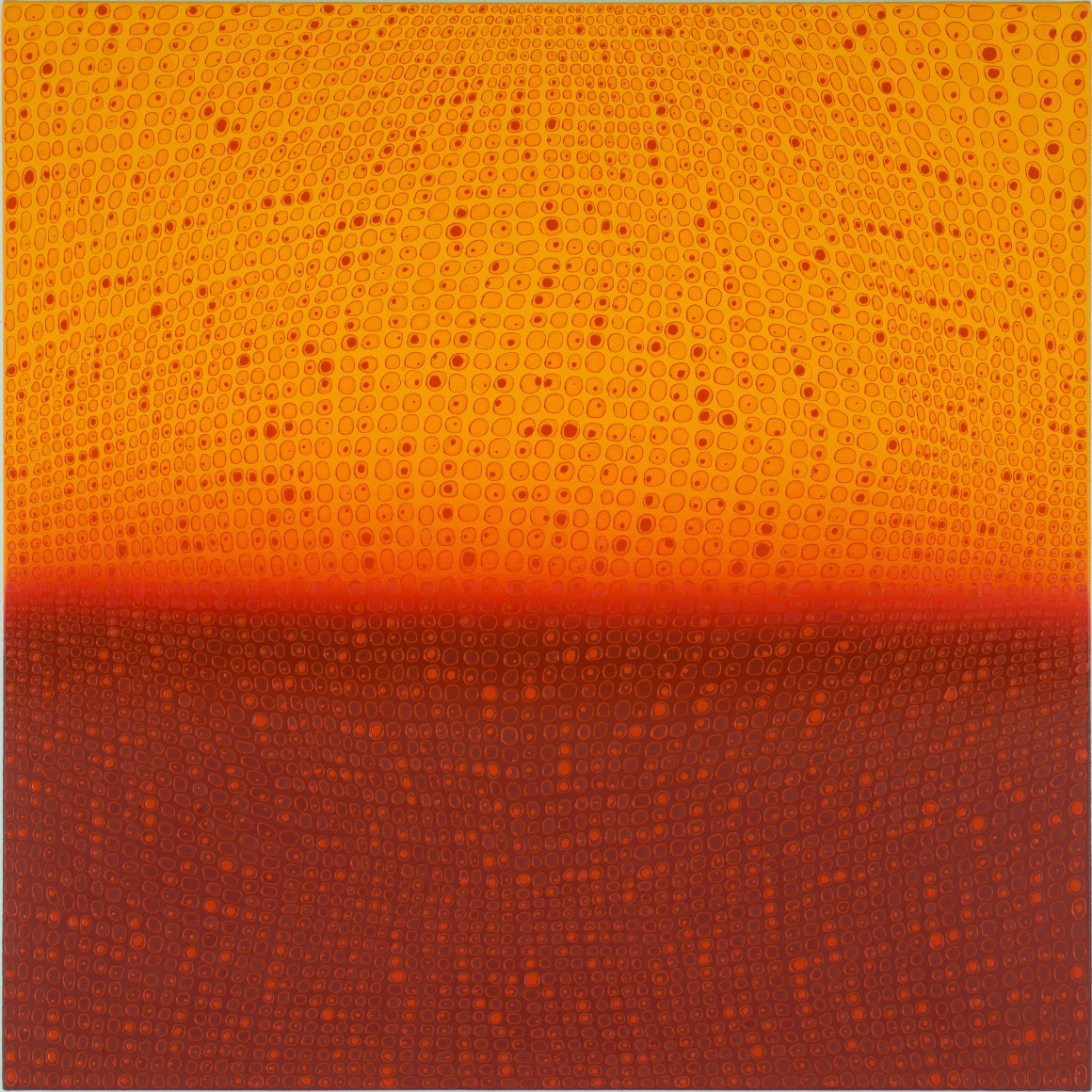 Teo Gonzalez, Arch/Horizon Painting 1, 2015, Acrylic on canvas over board, 24 x 24inches. Orange and dark maroon background with signature grid on top. Teo Gonzalez was born in Spain, and his signature style are works that consist of thousands of drops of water, arranged into a grid pattern, inside of which a small amount of ink or enamel was dropped and left to dry.
