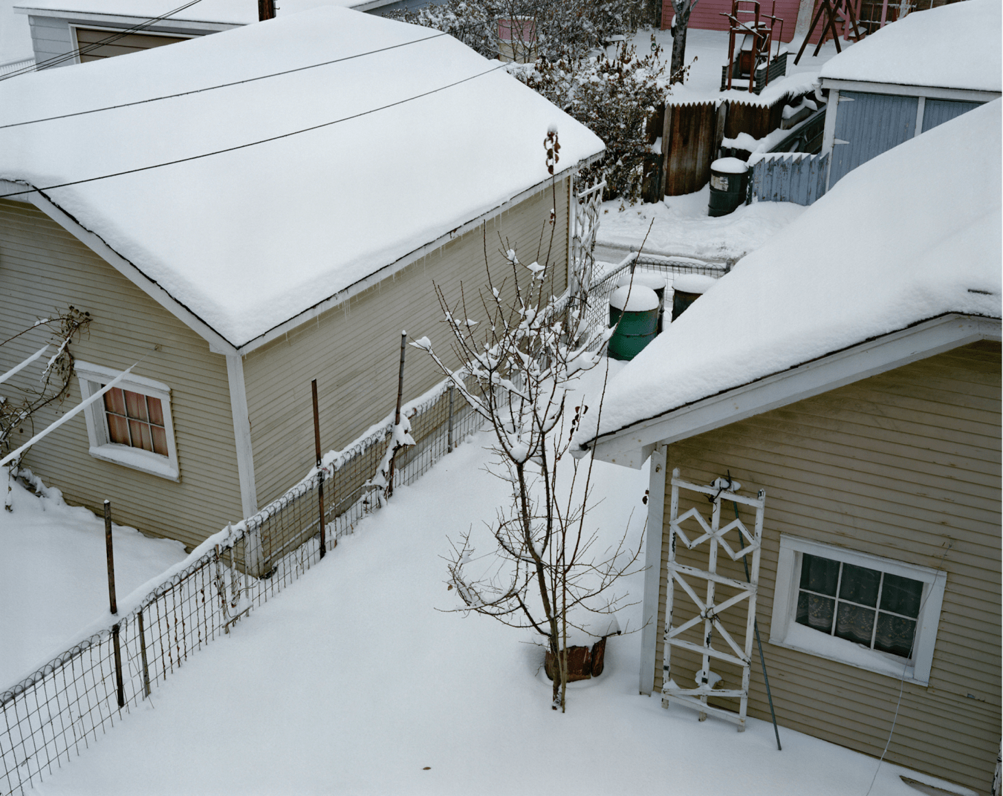Garages in Snow, Chicago, 1979, digital chromogenic print