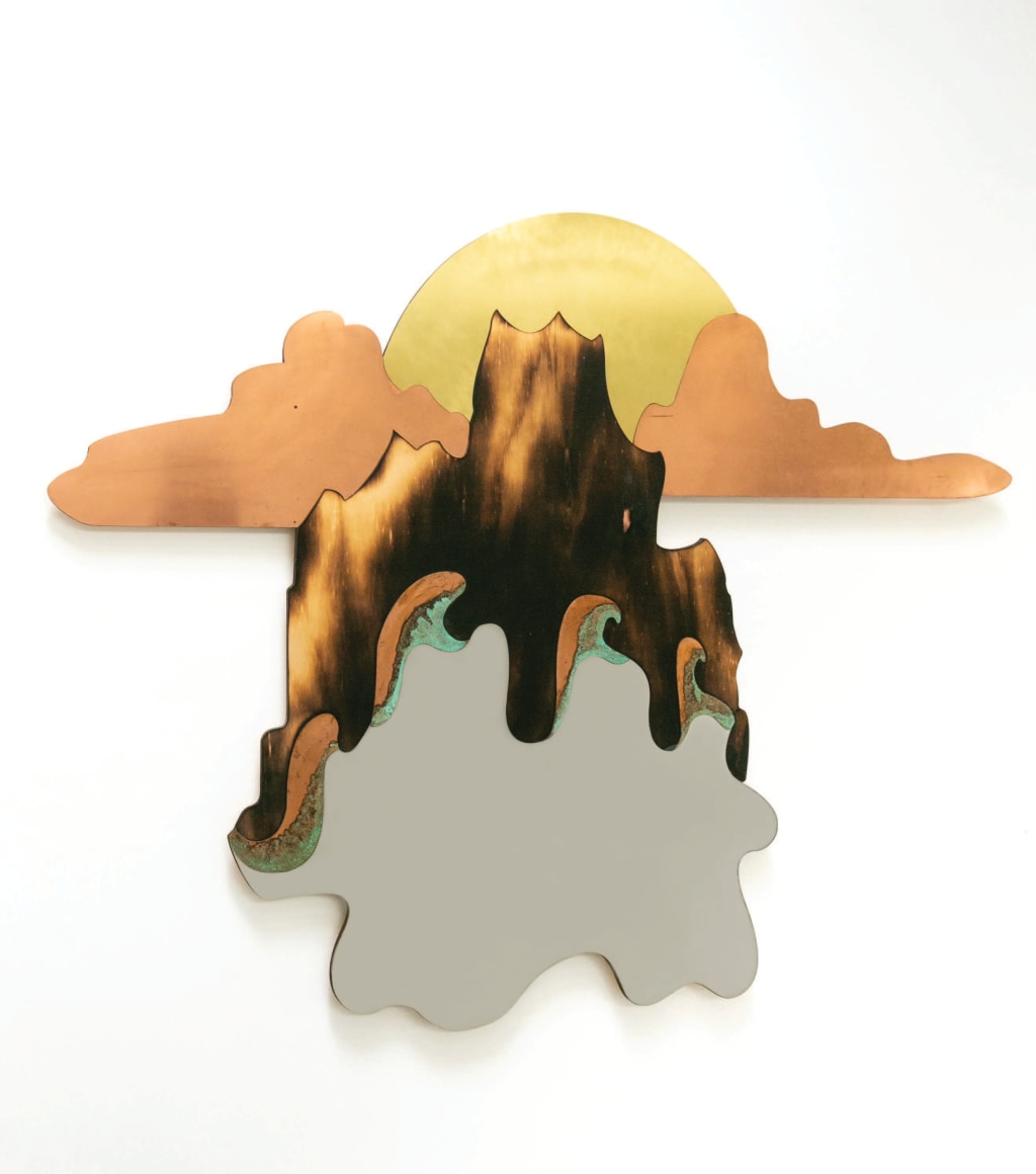 Charlotte Haywood and Edward Horne Shelter Skelter (2019) copper, brass, mirror finish stainless steel, shou-sugi ban ply - Lone Goat Gallery