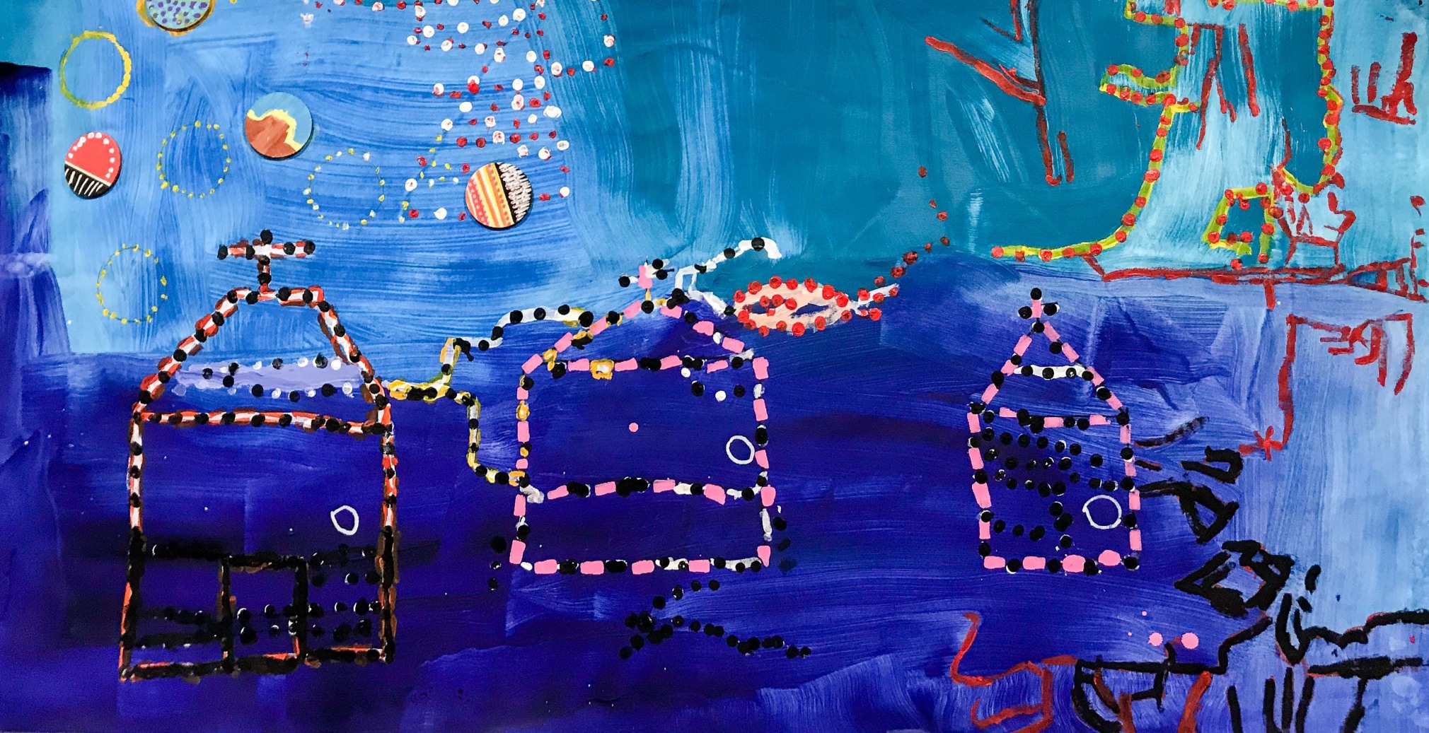 Rebecca King  All the houses Mixed media on calico 57 cm x 11 0cm 2018