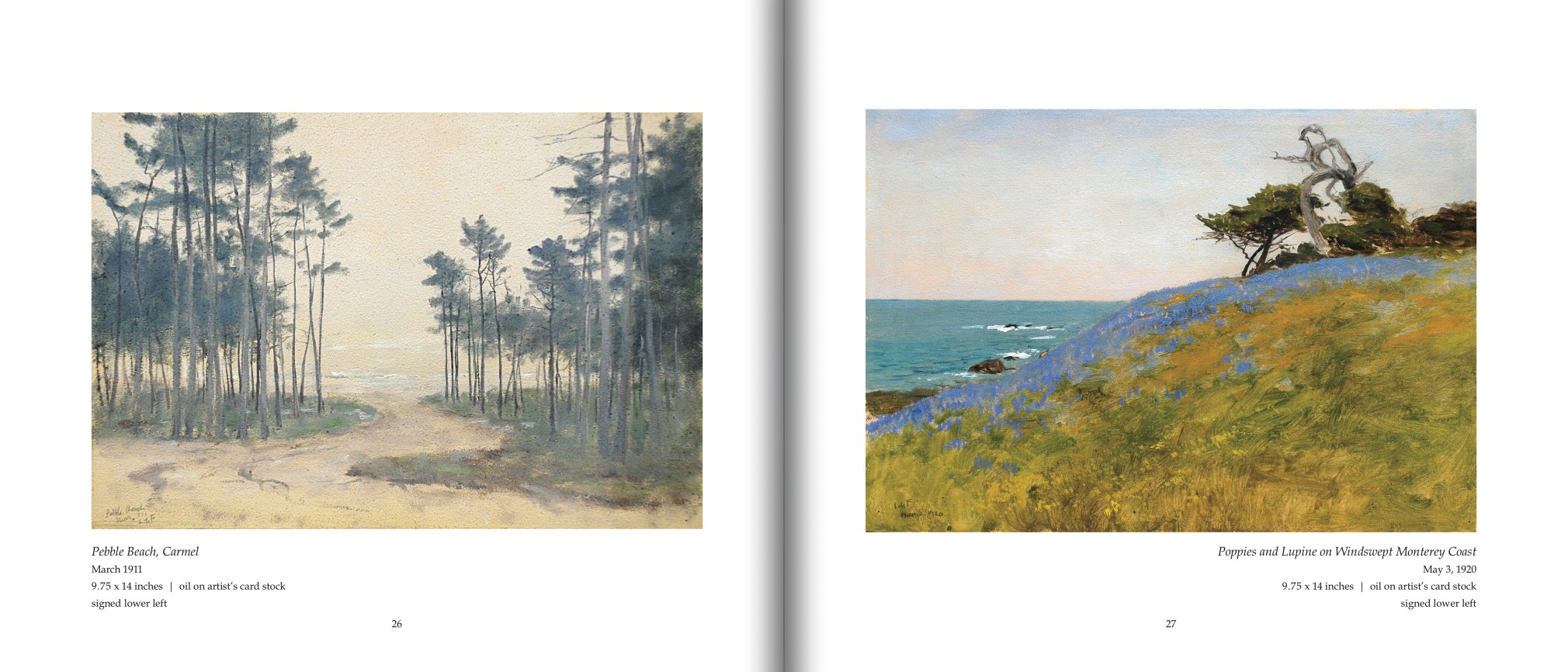 Pages 26 and 27 of De Forest's MONTEREY with images of &quot;Pebble Beach, Carmel&quot;, March, 1911 and &quot;Poppies and Lupine on Windswept Monterey Coast&quot;, May 3, 1920 by Lockwood de Forest (1850-1932)