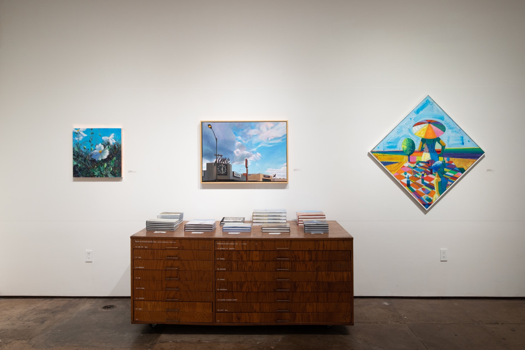 Installation photograph of The Spring Salon, 2025 with Holli Harmon, Patricia Chidlaw, Roland Petersen