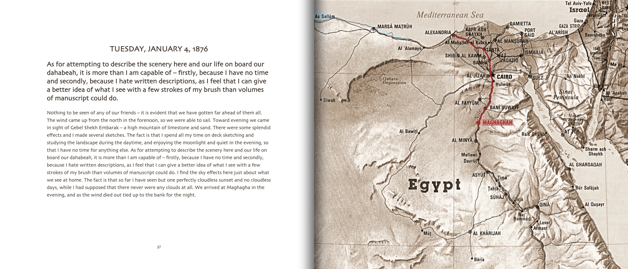 Pages 37 and 38 of IN SEARCH OF THE SOURCE: Paintings of the Nile and Beyond by Lockwood de Forest (1850-1932) pages, featuring diary entry for Tuesday, January 4, 1876 and map showing the artist's location at the time he wrote