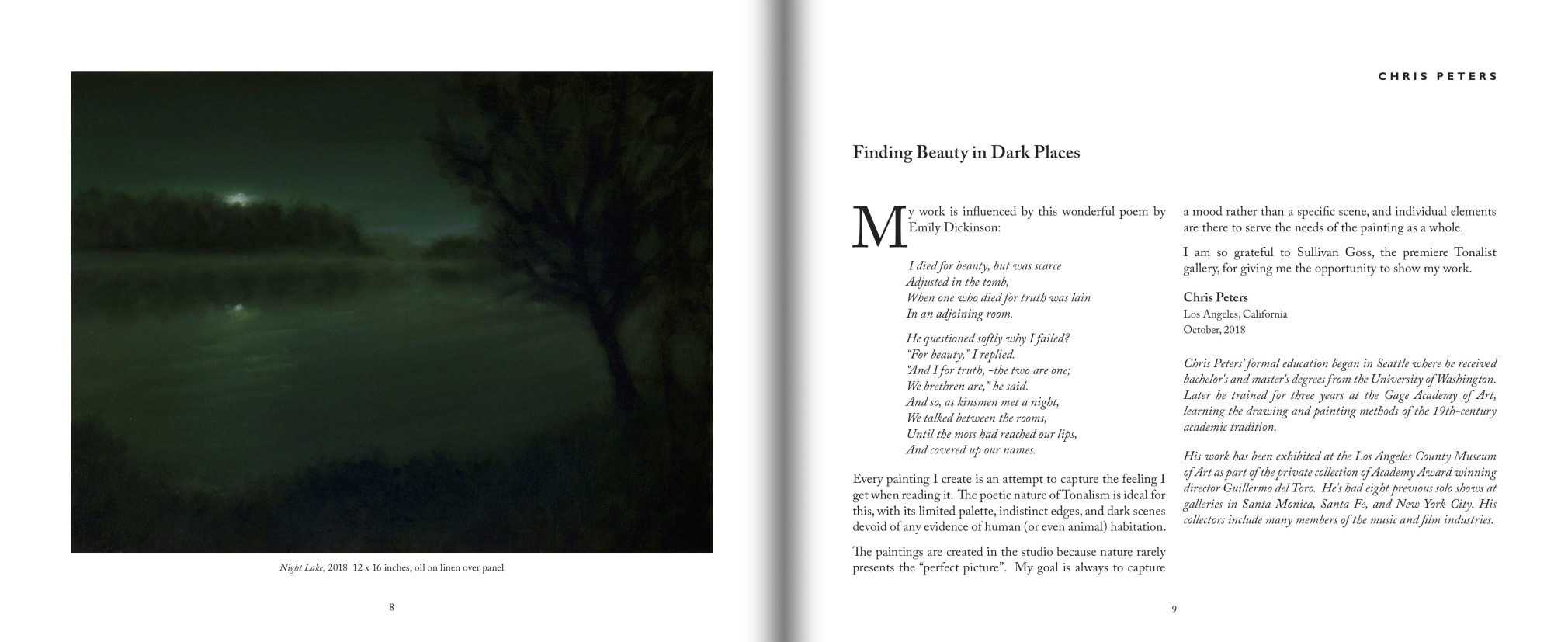 Pages 8 and 9 of CHRIS PETERS: The Eye Begins to See with image of &quot;Night Lake&quot;, 2018 and first page of remarks by the artist, Chris Peters