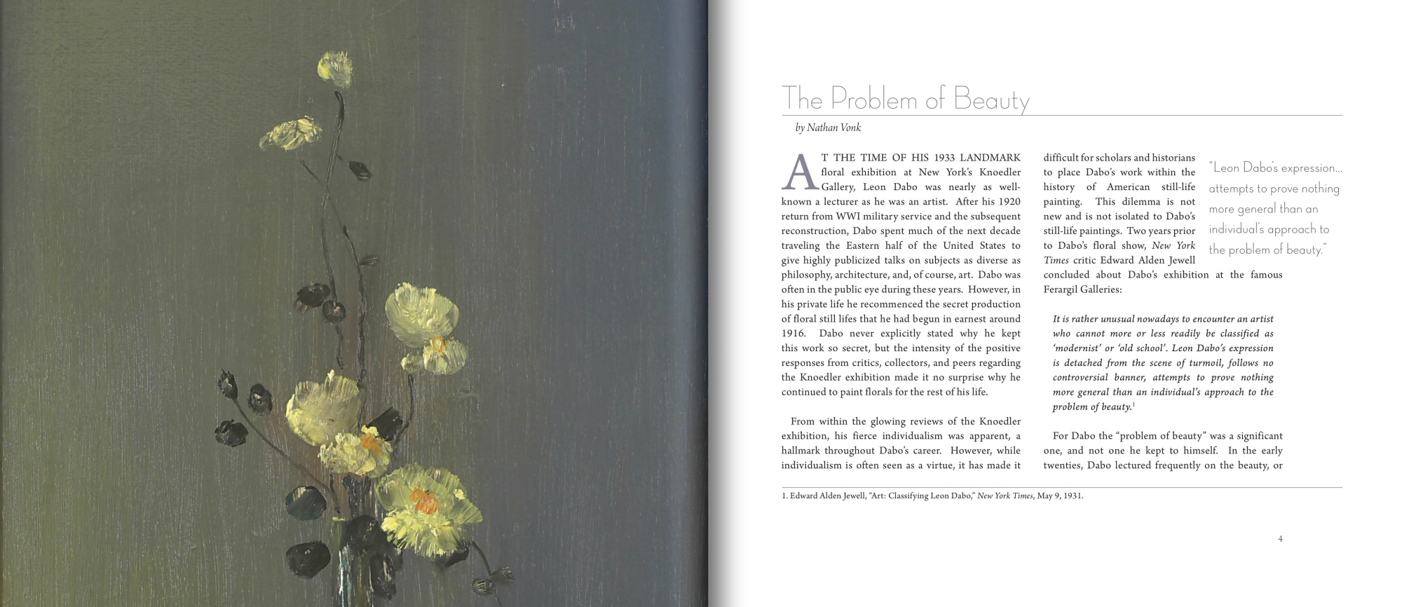 Pages 3 and 4 of LEON DABO'S Florals, including first page of &quot;The Problem of Beauty&quot; essay by Nathan Vonk