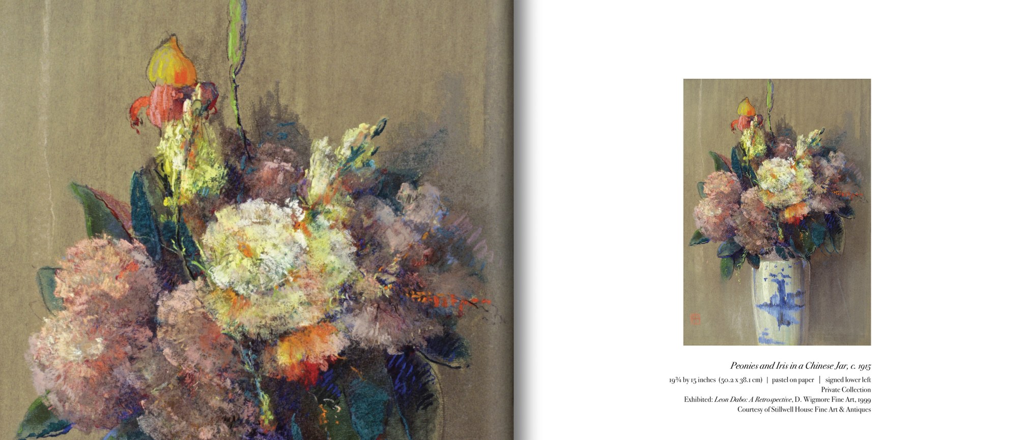 Internal pages of The Pastels of LEON DABO with images of &quot;Peonies and Iris in a Chinese Jar&quot;, c. 1915 by Leon Dabo