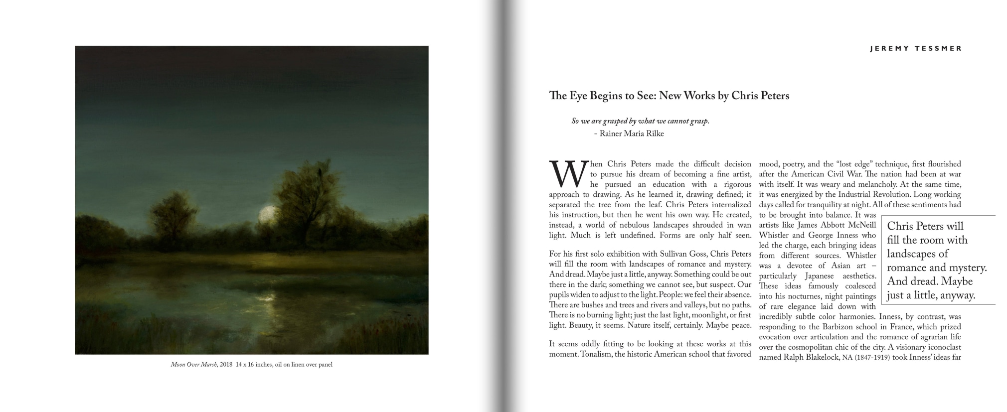 Pages 2 and 3 of CHRIS PETERS: The Eye Begins to See with image of &quot;Moon Over Marsh&quot;, 2018 and introduction by Jeremy Tessmer