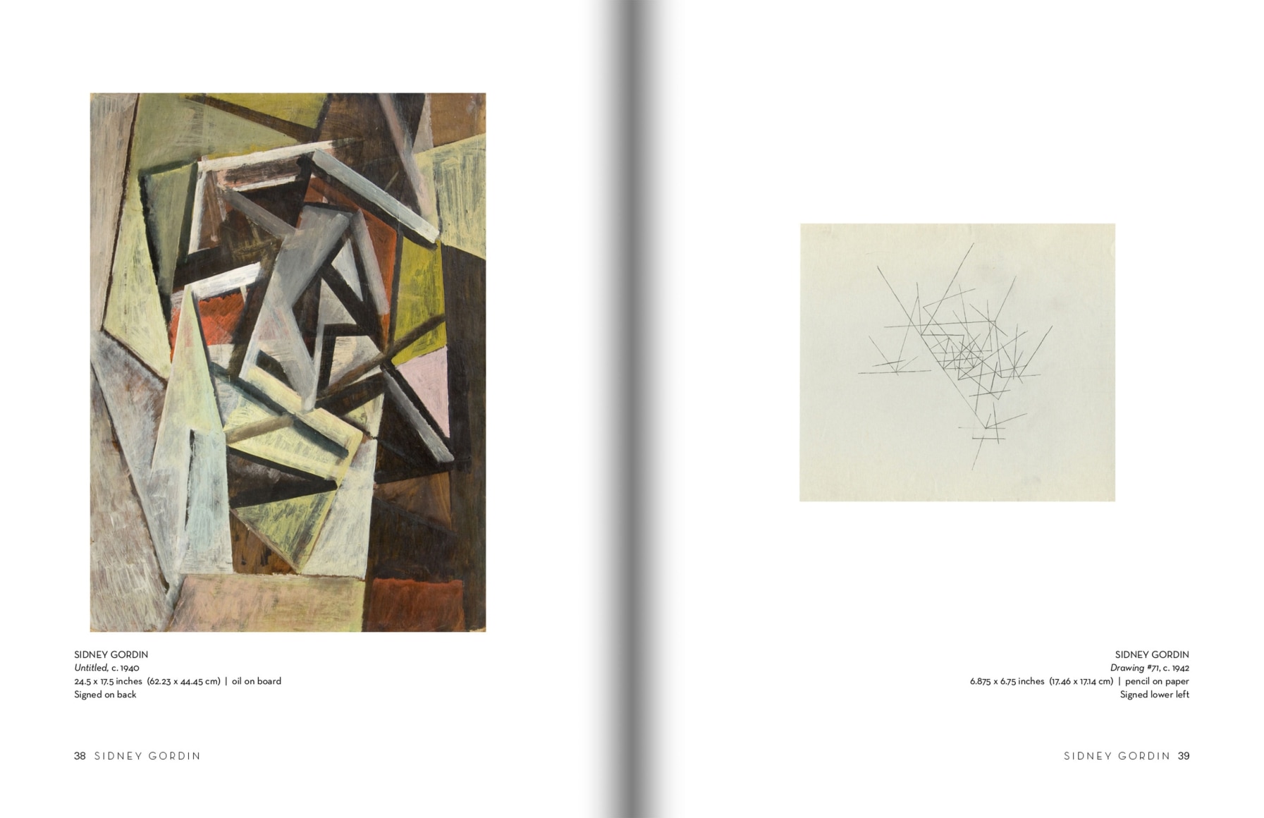 Pages 38 and 39 of WERNER DREWES | OSKAR FISCHINGER | SIDNEY GORDIN: The Invention of American Abstract Art with works by SIDNEY GORDIN