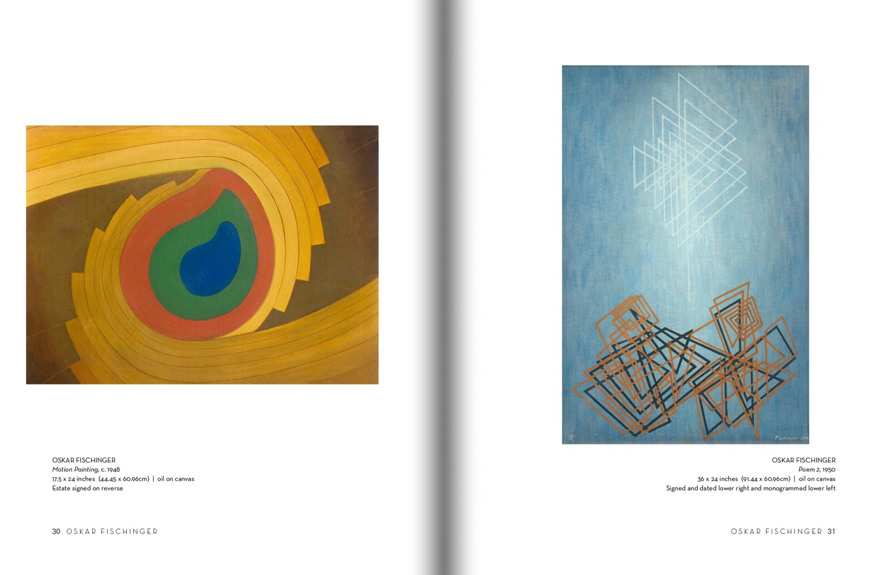Pages 30 and 31 of WERNER DREWES | OSKAR FISCHINGER | SIDNEY GORDIN: The Invention of American Abstract Art with works by OSKAR FISCHINGER