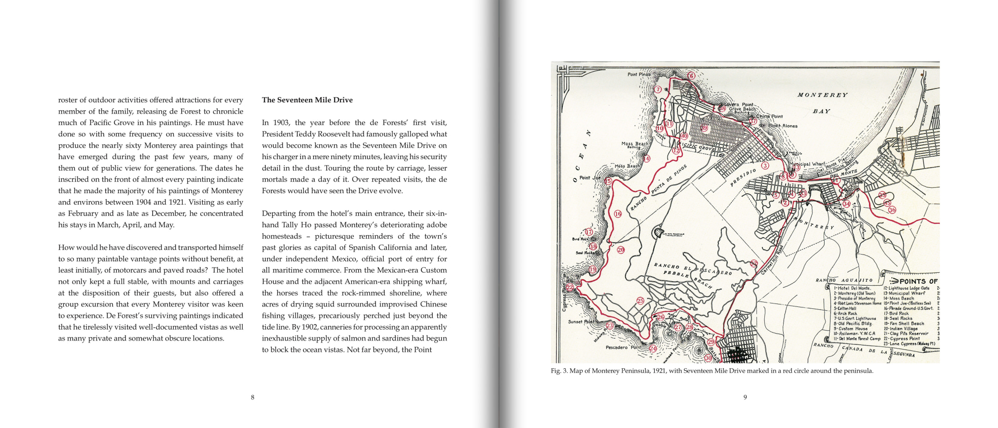 Pages 8 and 9 of De Forest's MONTEREY that includes historic map of 17 mile drive, showing locations of a number of de Forest's paintings