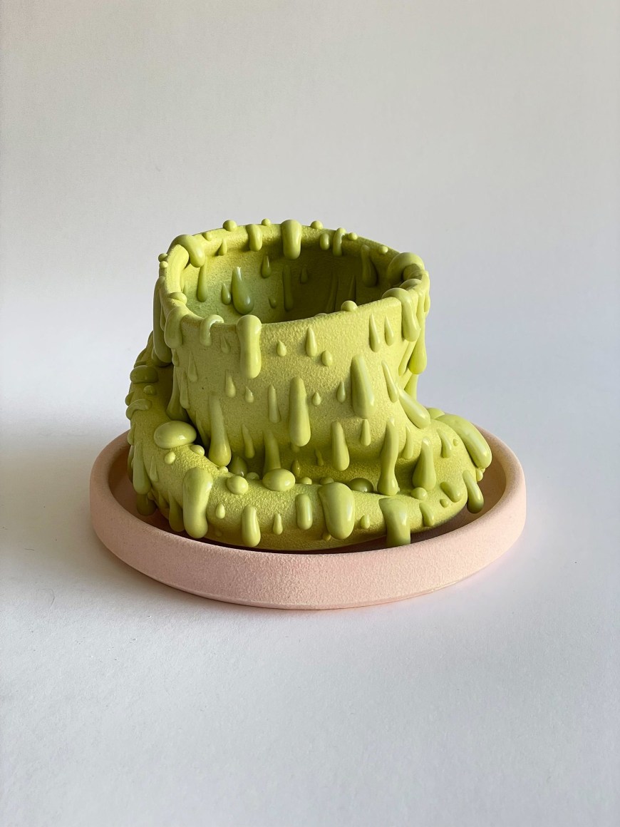 PHILIP KUPFERSCHMIDT , Chartreuse Slump Planter with Pink Tray, 2024