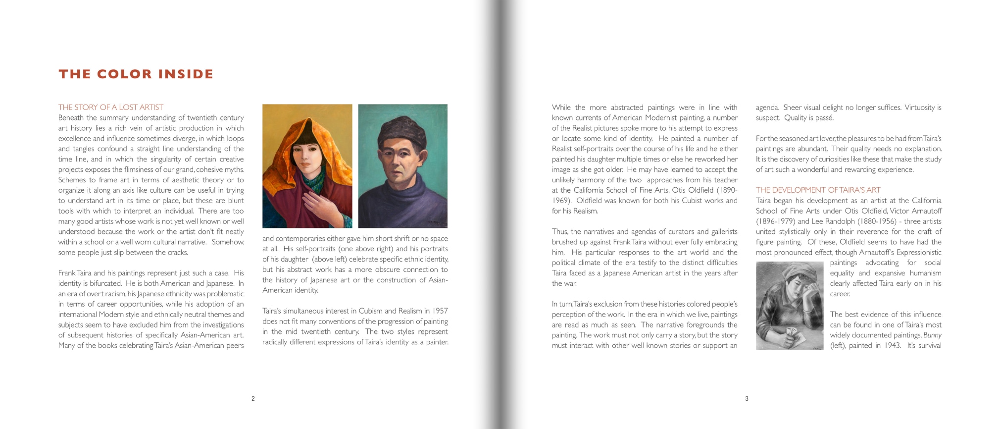 Pages 2 and 3 of FRANK TAIRA: The Color Inside, featuring first two pages of essay &quot;The Color Inside&quot; by Jeremy Tessmer as well as illustrations of three paintings by FRANK TAIRA (1913-2010)
