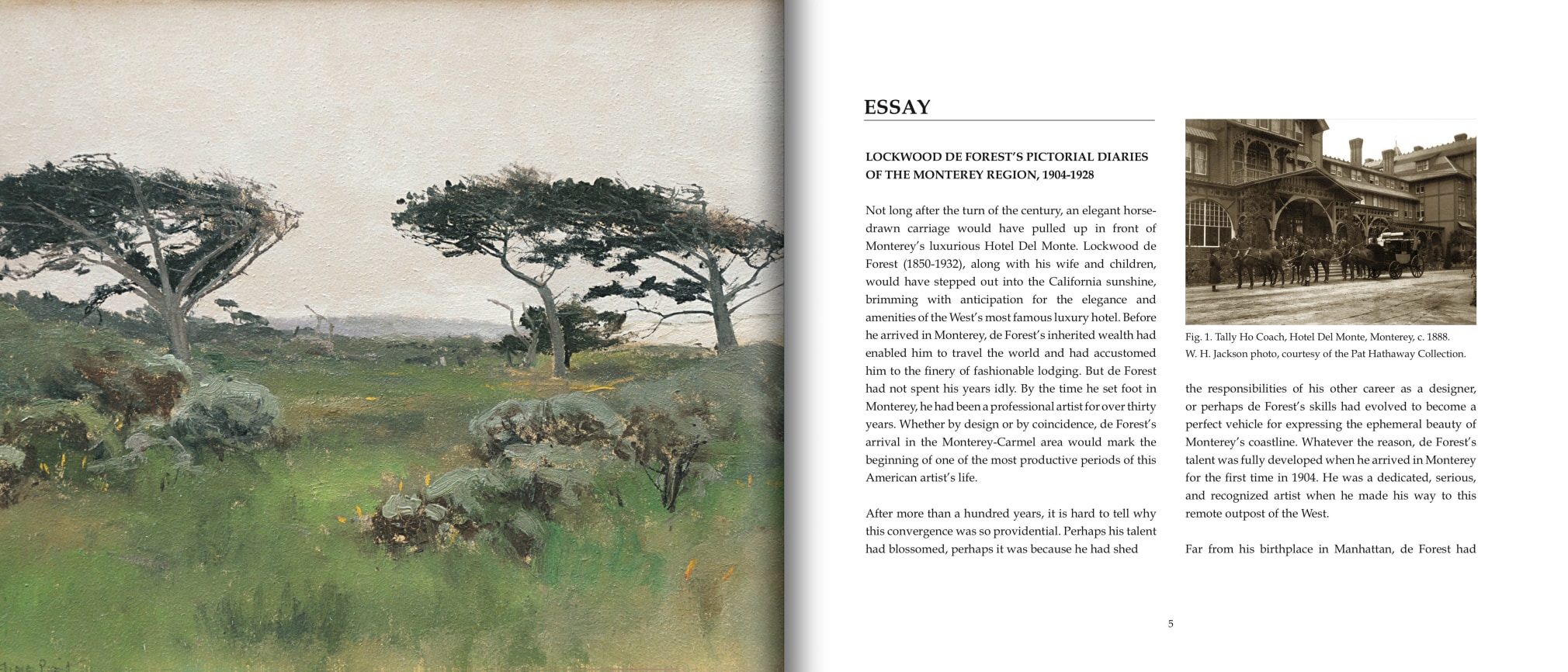 Pages 4 and 5 of De Forest's MONTEREY with first page of main essay and historic image of Hotel Del Monte