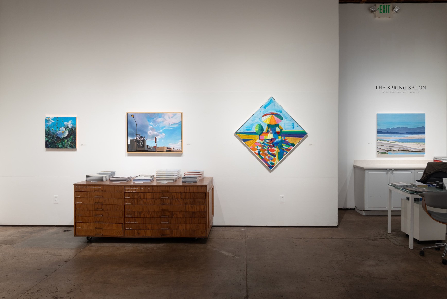 Installation photograph of The Spring Salon, 2025 with Holli Harmon, Patricia Chidlaw, Roland Petersen, and Julika Lackner