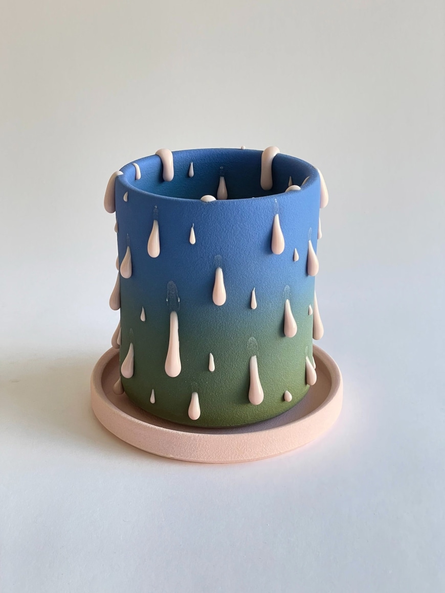 PHILIP KUPFERSCHMIDT , Blue to Green Cylinder Planter with Pink Gloops, Pink Tray, 2024