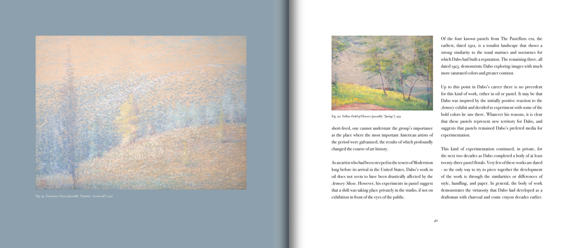 Pages 39 and 40 of The Pastels of LEON DABO with images of &quot;Transitory Forest (possibly 'Summer - Cornwall')&quot;, 1912 and &quot;Yellow Field of Flowers (possibly 'Spring')&quot;, 1913 with text