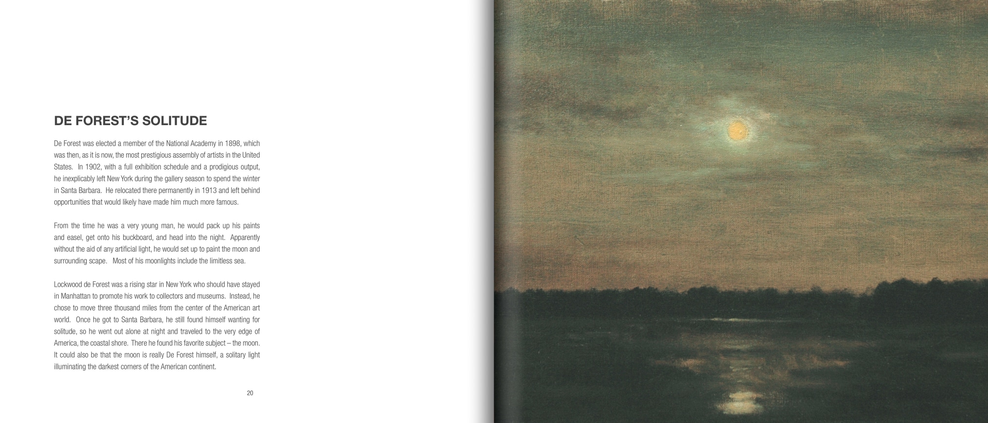 Pages 20 and 21 of 40 NIGHTS: An Exhibition of the Night Paintings of Lockwood de Forest, featuring a large illustration of a moonlight painting opposite a comment entitled, &quot;De Forest's Solitude&quot;
