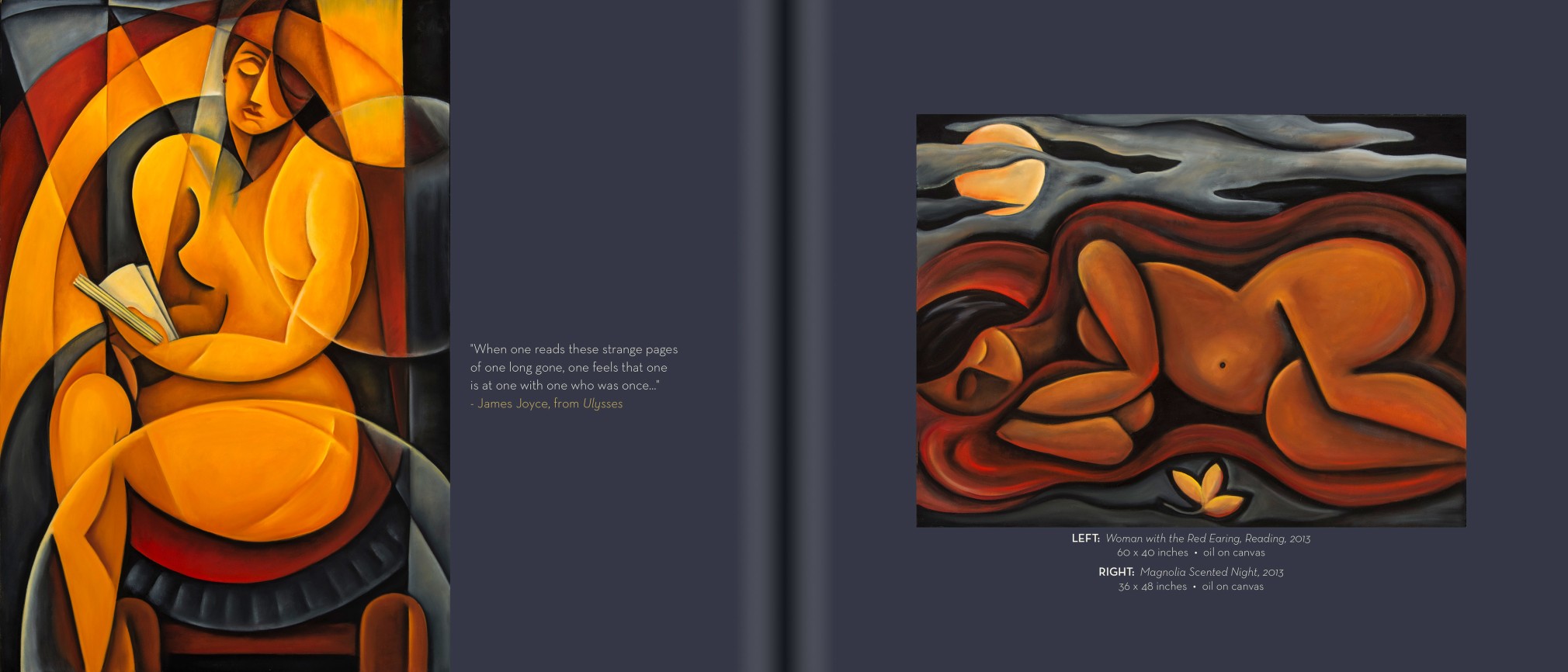 Internal pages from ANGELA PERKO catalog of 2013, featuring &quot;Woman with the Red Earring, Reading&quot; 2013 and &quot;Magnolia Scented Night&quot;, 2013 along with quote by James Joyce, &quot;When one reads these strange pages of one long gone, one feels that one is at one with the one who was once...&quot;