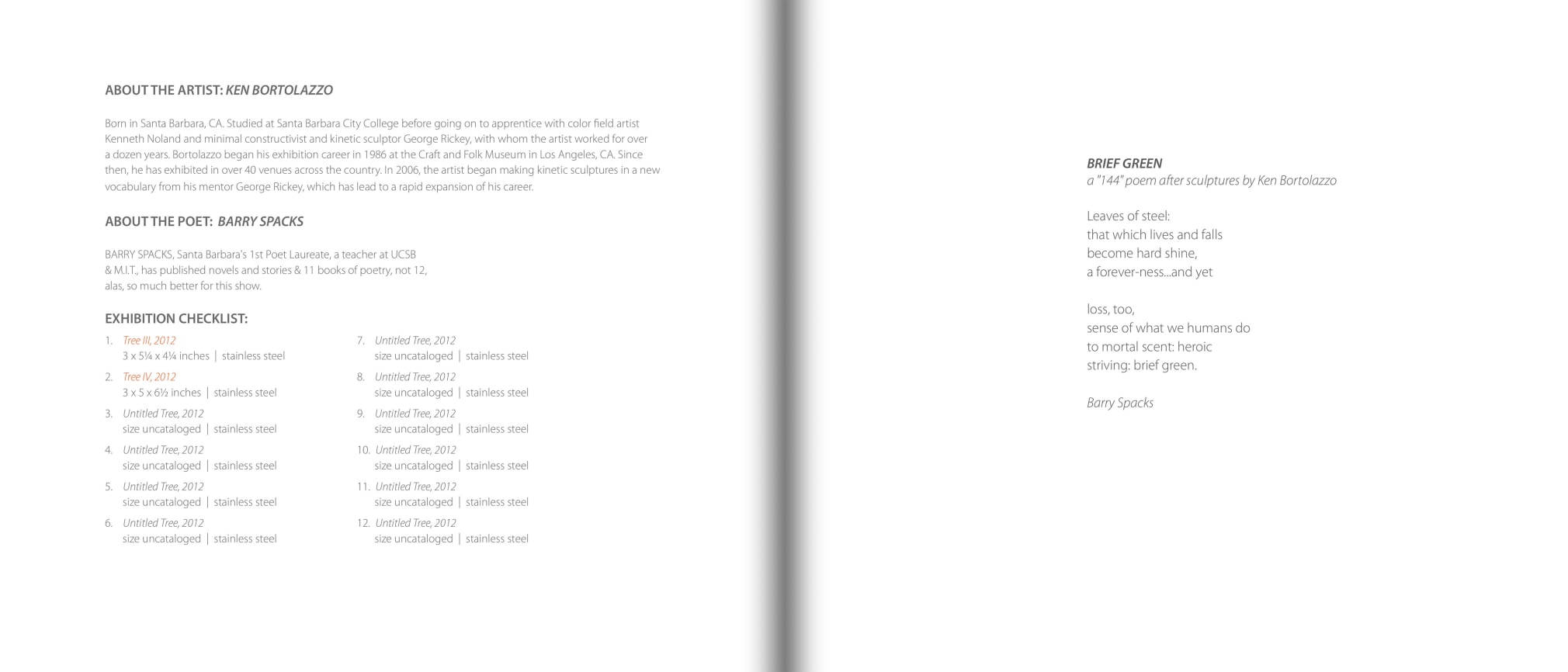Internal pages of AN EVEN DOZEN catalog, including brief biography for KEN BORTOLAZZO and &quot;Brief Green&quot; poem by Barry Spacks