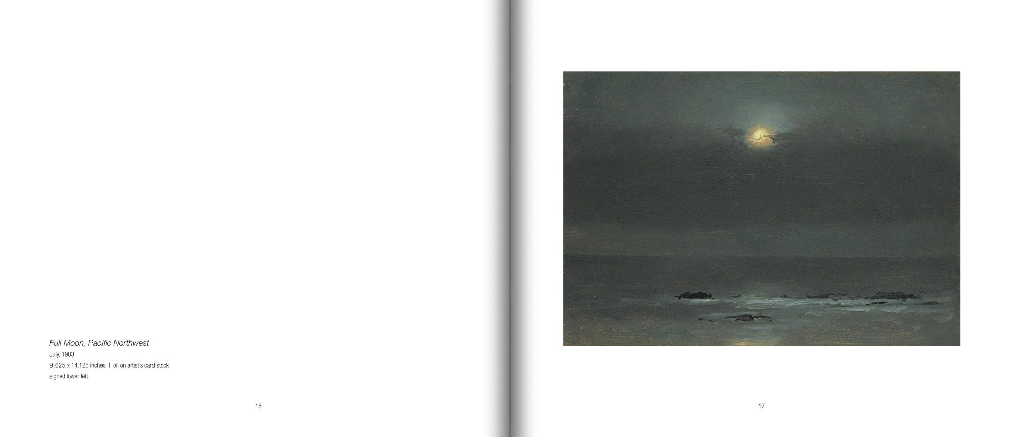 Pages 16 and 17 of COLLECTING MOONLIGHT: The Night Paintings of Lockwood de Forest, featuring &quot;Full Moon, Pacific Northwest&quot;, July, 1903 by LOCKWOOD DE FOREST (1850-1932)