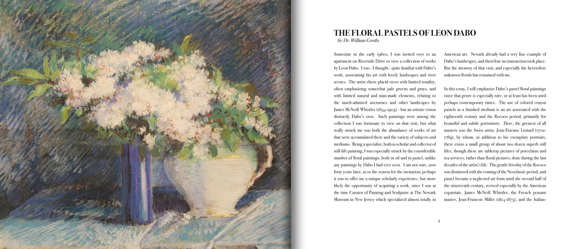 Pages 7 and 8 of The Pastels of LEON DABO with large floral pastel image and first page of essay &quot;The Floral Pastels of Leon Dabo&quot; by Dr. William Gerdts