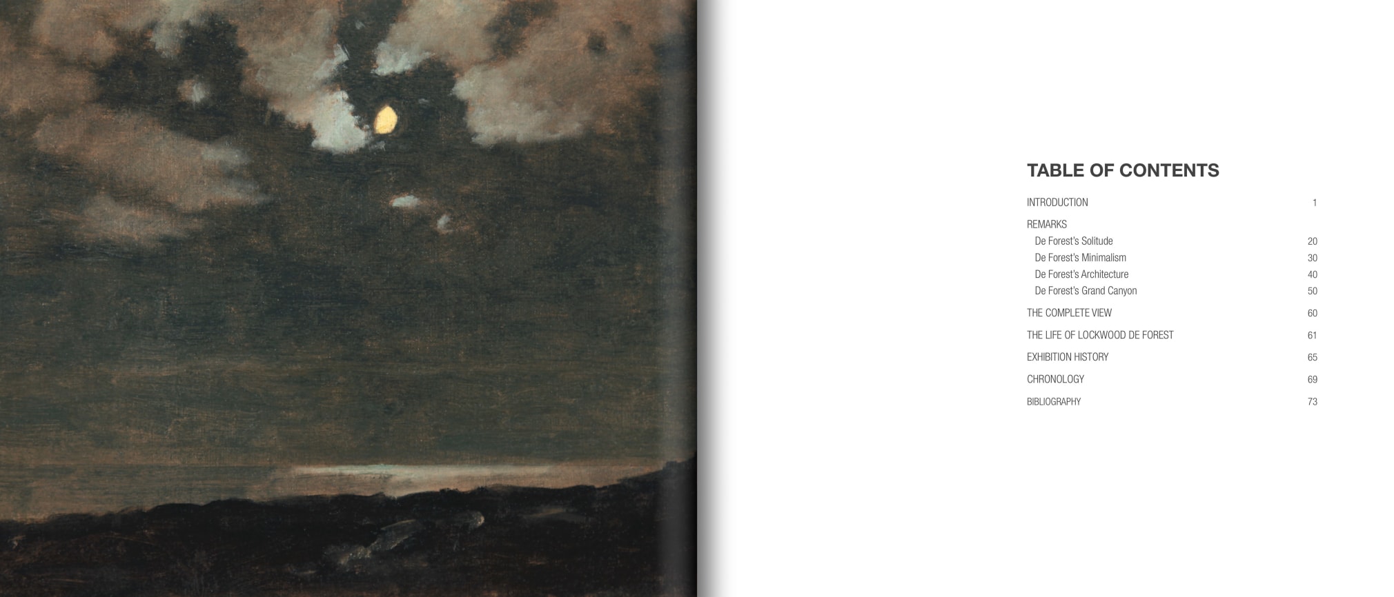 Frontis and Table of Contents of COLLECTING MOONLIGHT: The Night Paintings of Lockwood de Forest, with a large detail of a night painting by the artist