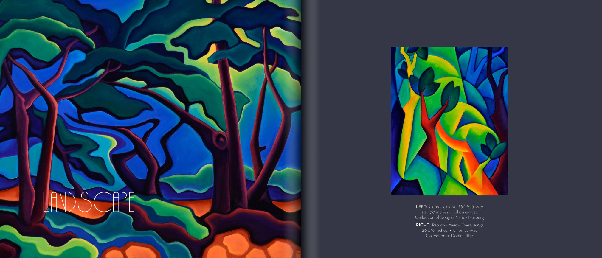 Internal pages from ANGELA PERKO catalog of 2013, featuring &quot;Cypress, Carmel [detail]&quot; and &quot;Red and Yellow Trees&quot;, 2009