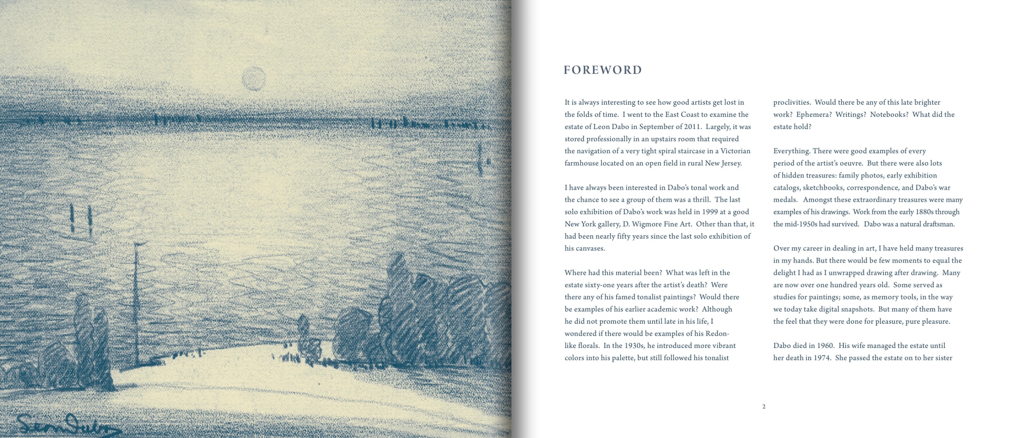 Pages 1 and 2 of The Drawings of LEON DABO with first page of Foreword and large illustration of a drawing by Leon Dabo (1864-1960)