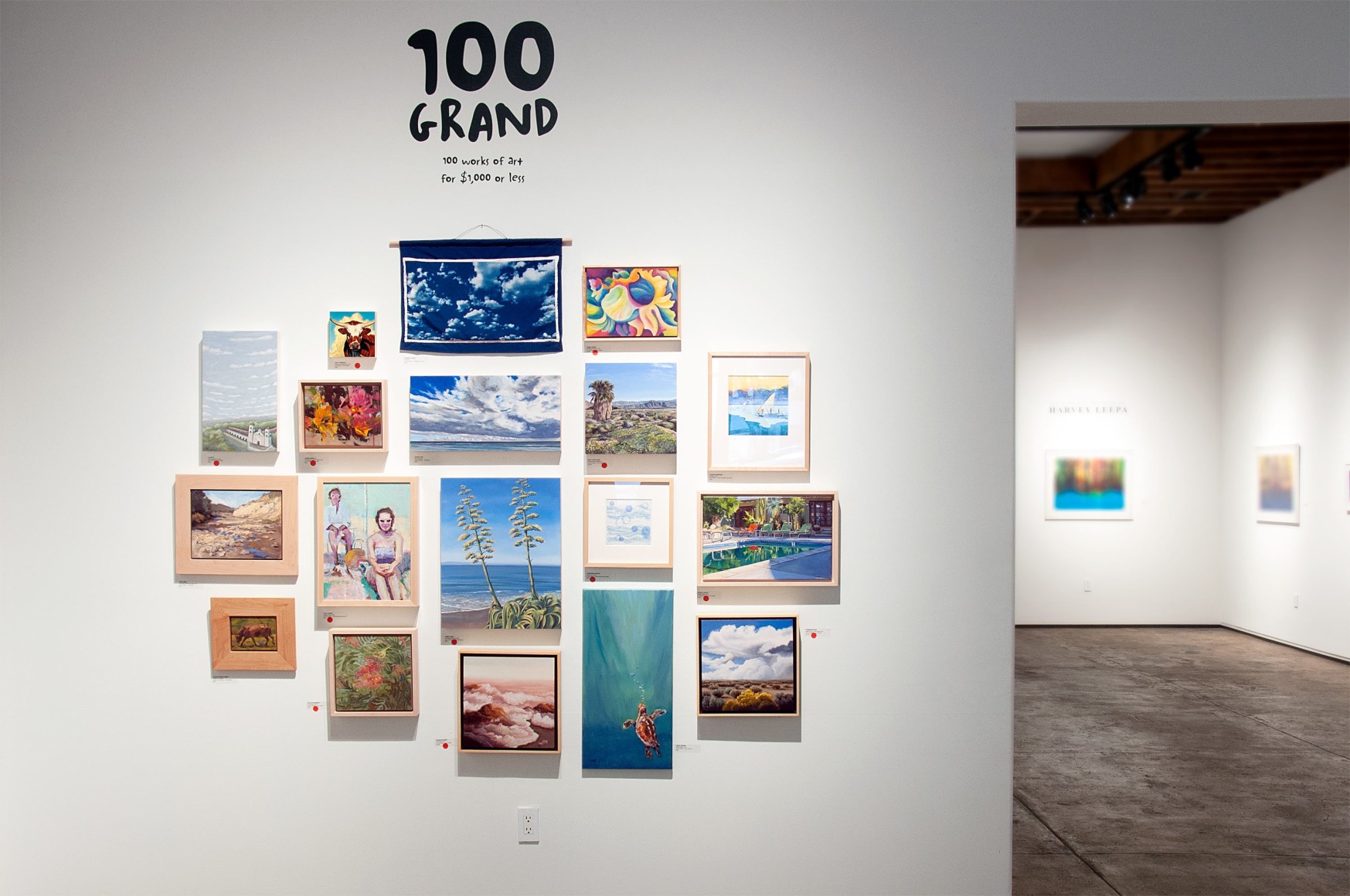 100 GRAND 2019 installation shot with Liz Brady, Libby Smith, Whitney Brooks Abbott, Scott Anderson, Connie Connally, Holli Harmon, Nicole Strasburg, Barbara Parmet, Deanna Hunt, Amber O'Neill, Phoebe Brunner, Angela Perko, Mary-Austin Klein, Rosemarie Gebhart, Lanny Sherwin, Lisabette Brinkman, Patricia Chidlaw