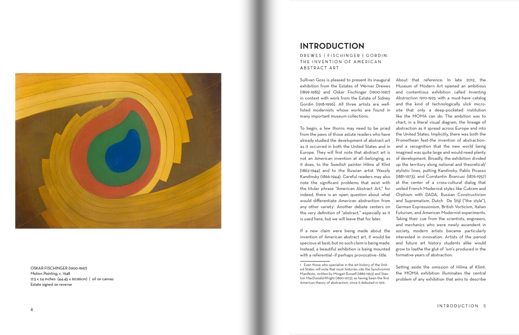 Pages 4 and 5 of WERNER DREWES | OSKAR FISCHINGER | SIDNEY GORDIN: The Invention of American Abstract Art with an illustration of a work by Oskar Fischinger and the first page of the Introduction