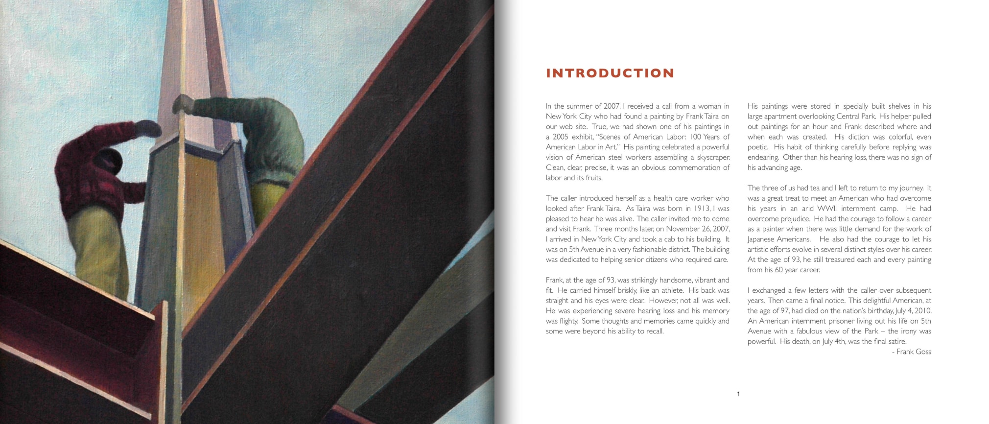 Frontis and page 1 of FRANK TAIRA: The Color Inside, featuring introduction by Frank Goss and illustration of realist painting by FRANK TAIRA (1913-2010)