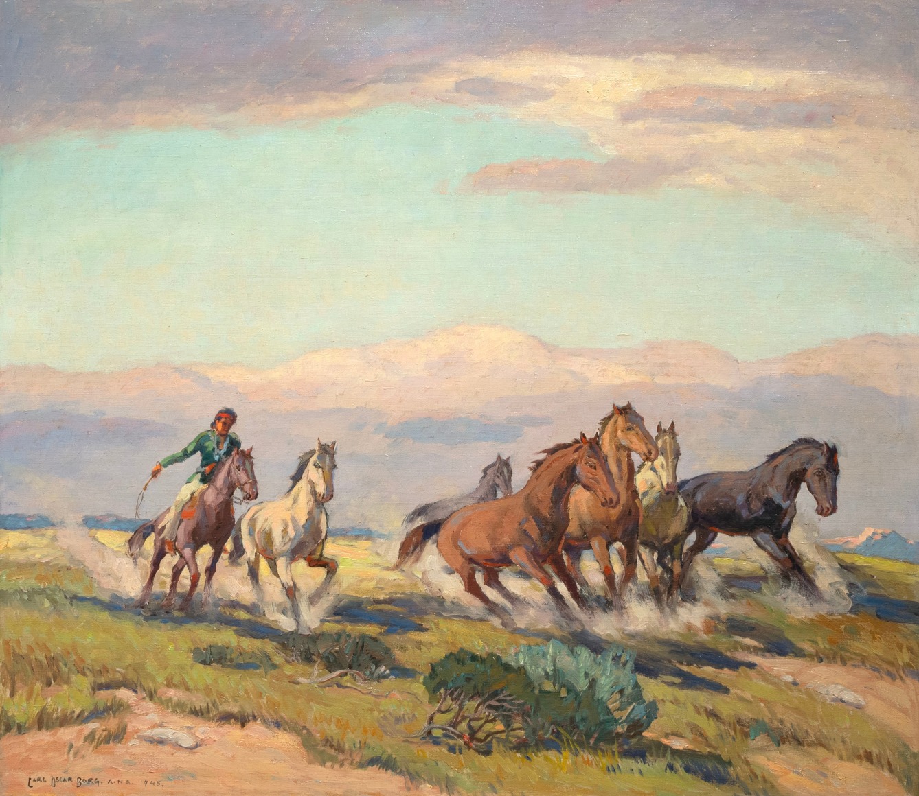 CARL OSCAR BORG (1879-1947), Navajo Herding Wild Horses, 1945