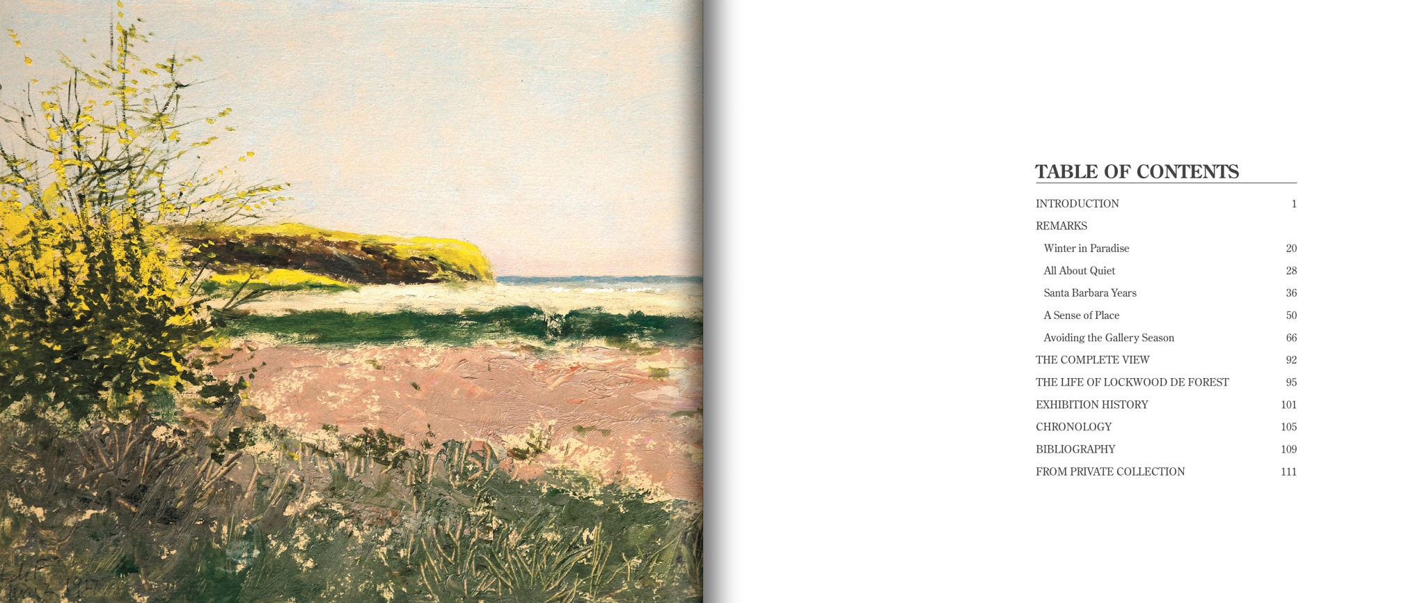 Frontis and Table of Contents of De Forest's SANTA BARBARA, featuring coastal landscape on frontis