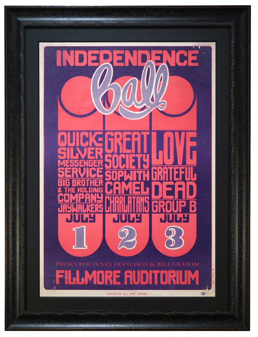 BG-14 poster called Independence Ball by Wes Wilson. 1966 Grateful Dead concert poster also advertised the band called &quot;Love&quot; and Big Brother &amp; The Holding Company, Quicksilver Messenger Service, The Great Society, The Charlatans and Sopwith Camel